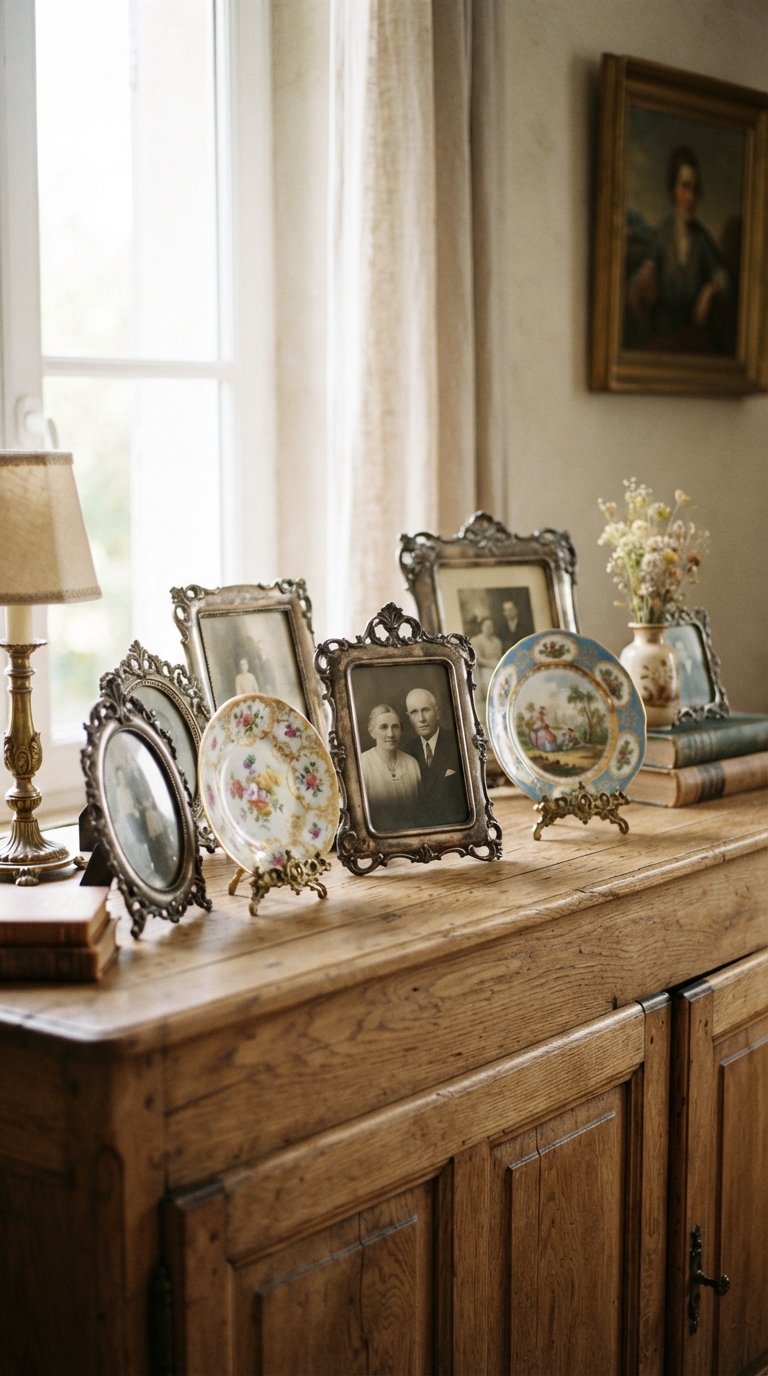 Antique silver frames and porcelain plates displayed on an old money style sideboard