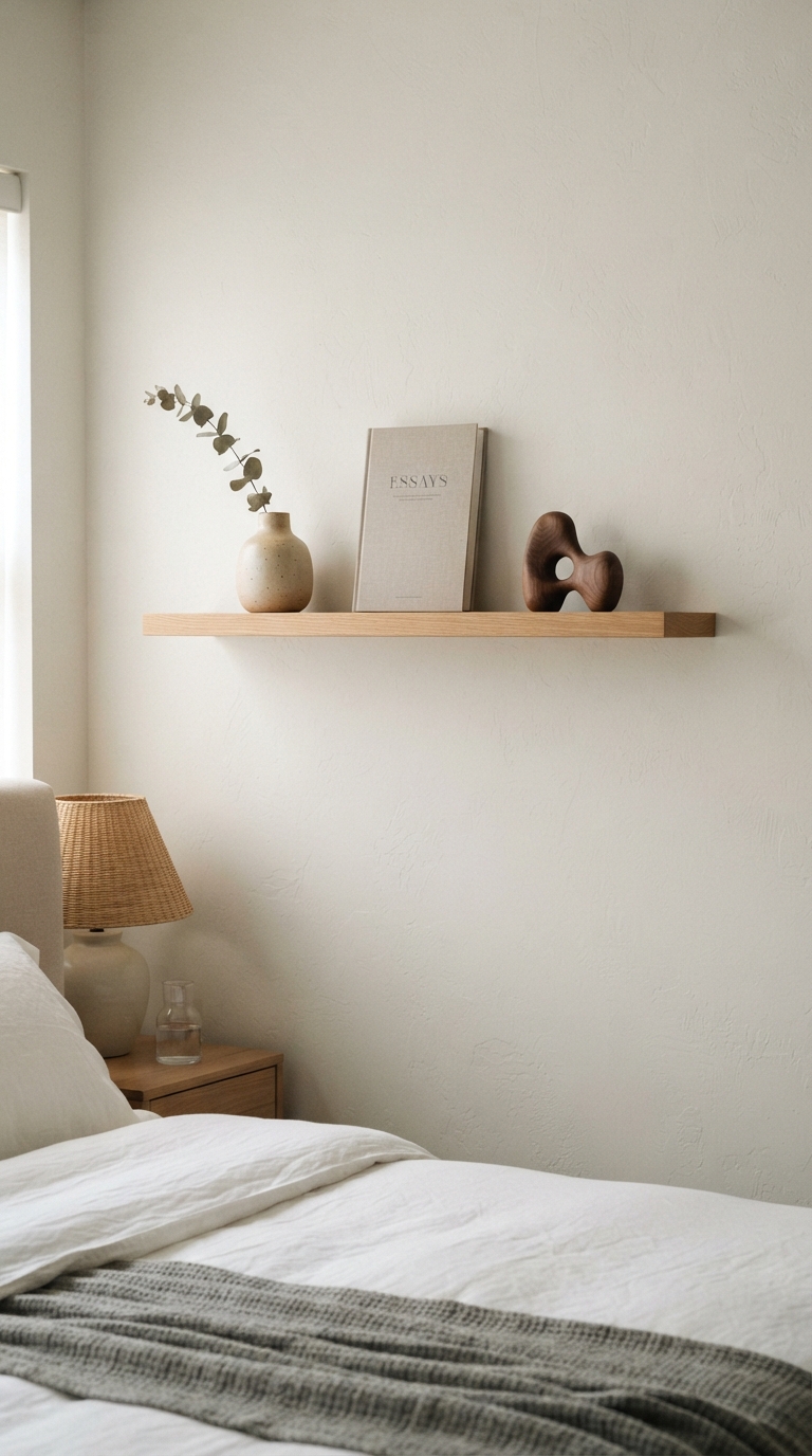 Minimalist bedroom shelf styled with negative space