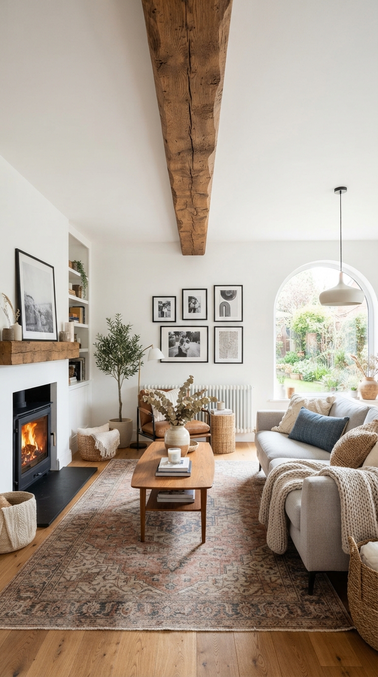Single statement wood beam accent on a plain living room ceiling