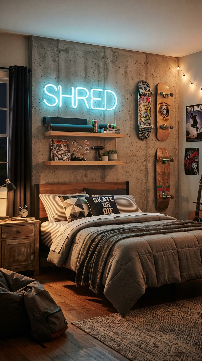Skate park inspired boy's bedroom with concrete wall and neon lighting