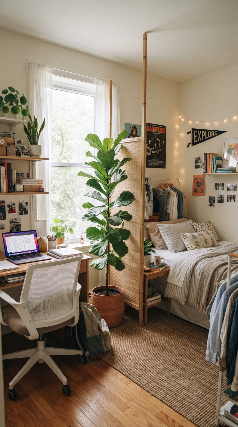 Room divider separating sleep and study zones in a small teen bedroom