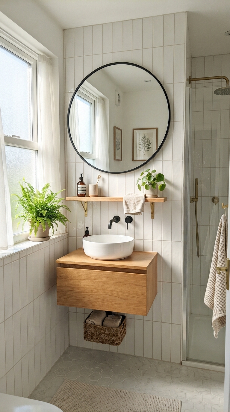 Small aesthetic bathroom with vertical tile and oversized mirror