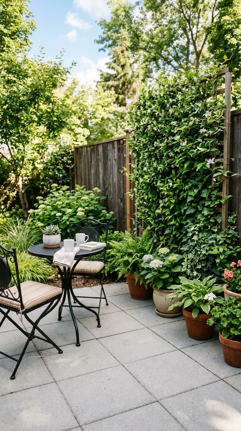 Small backyard paver patio with compact bistro furniture