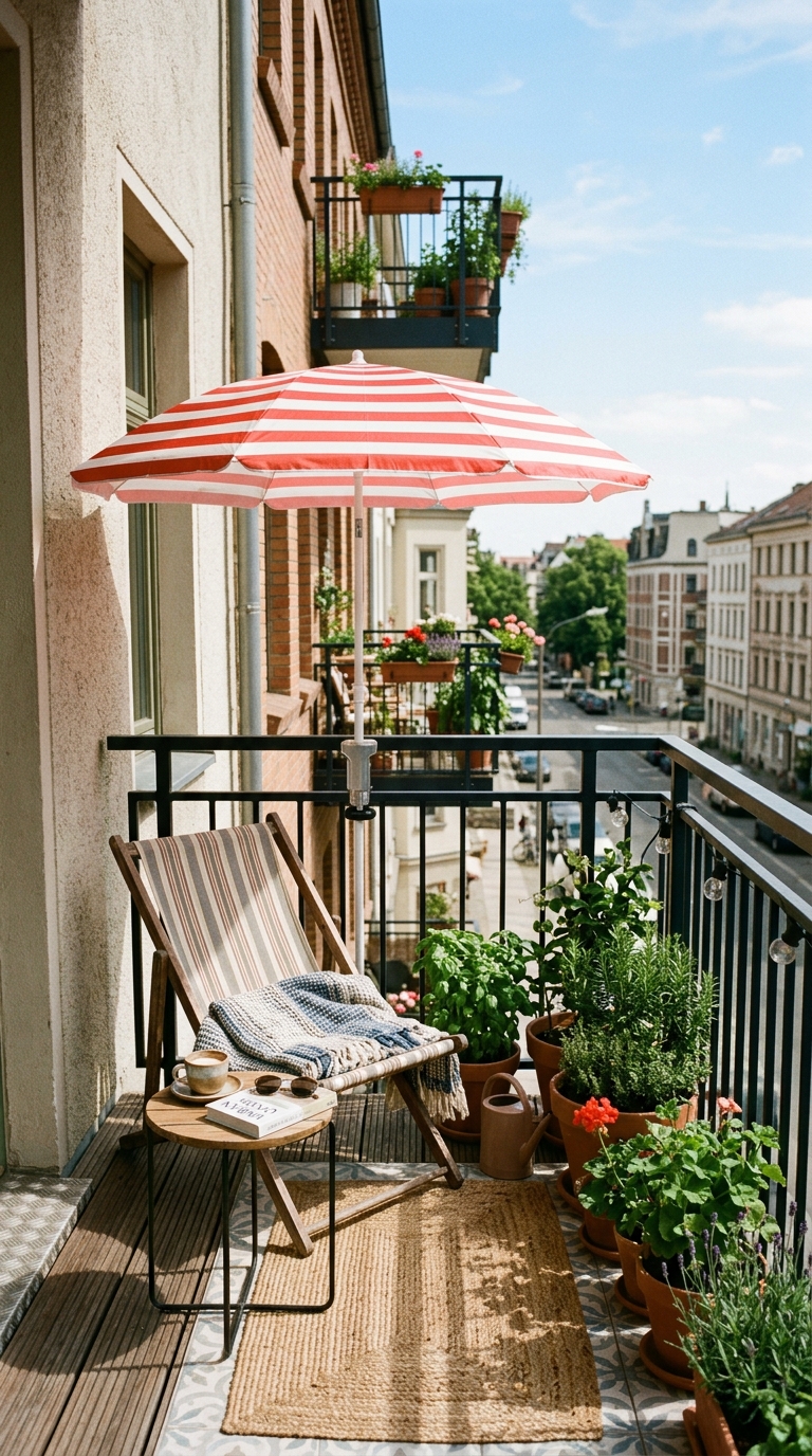 Small clamp-base umbrella on an apartment balcony railing