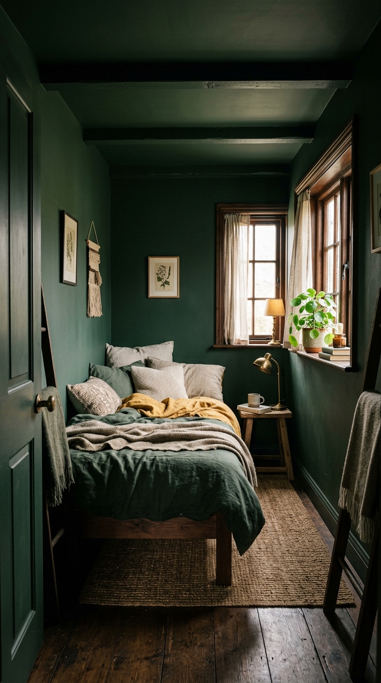 Small bedroom using dark green color drench technique
