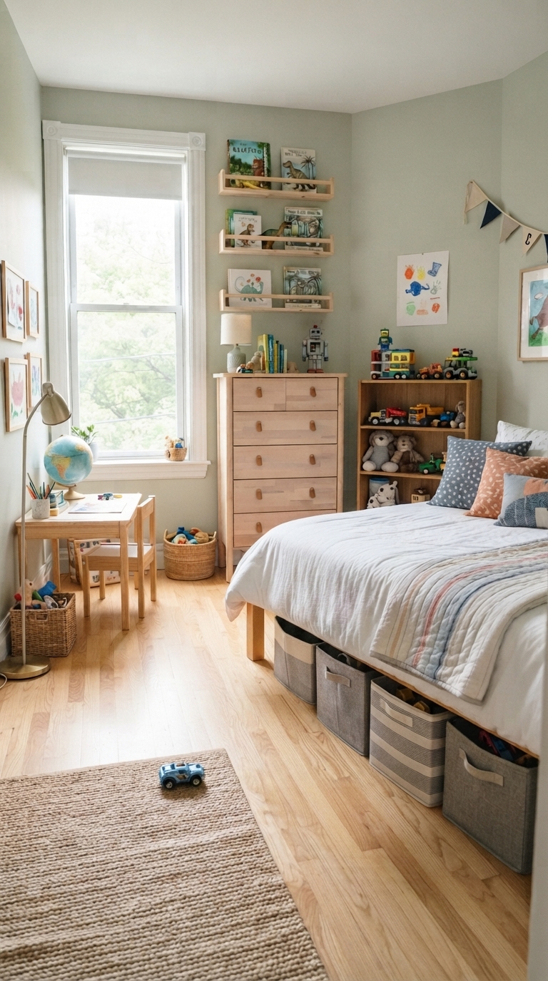 Small boy's bedroom with vertical storage solutions