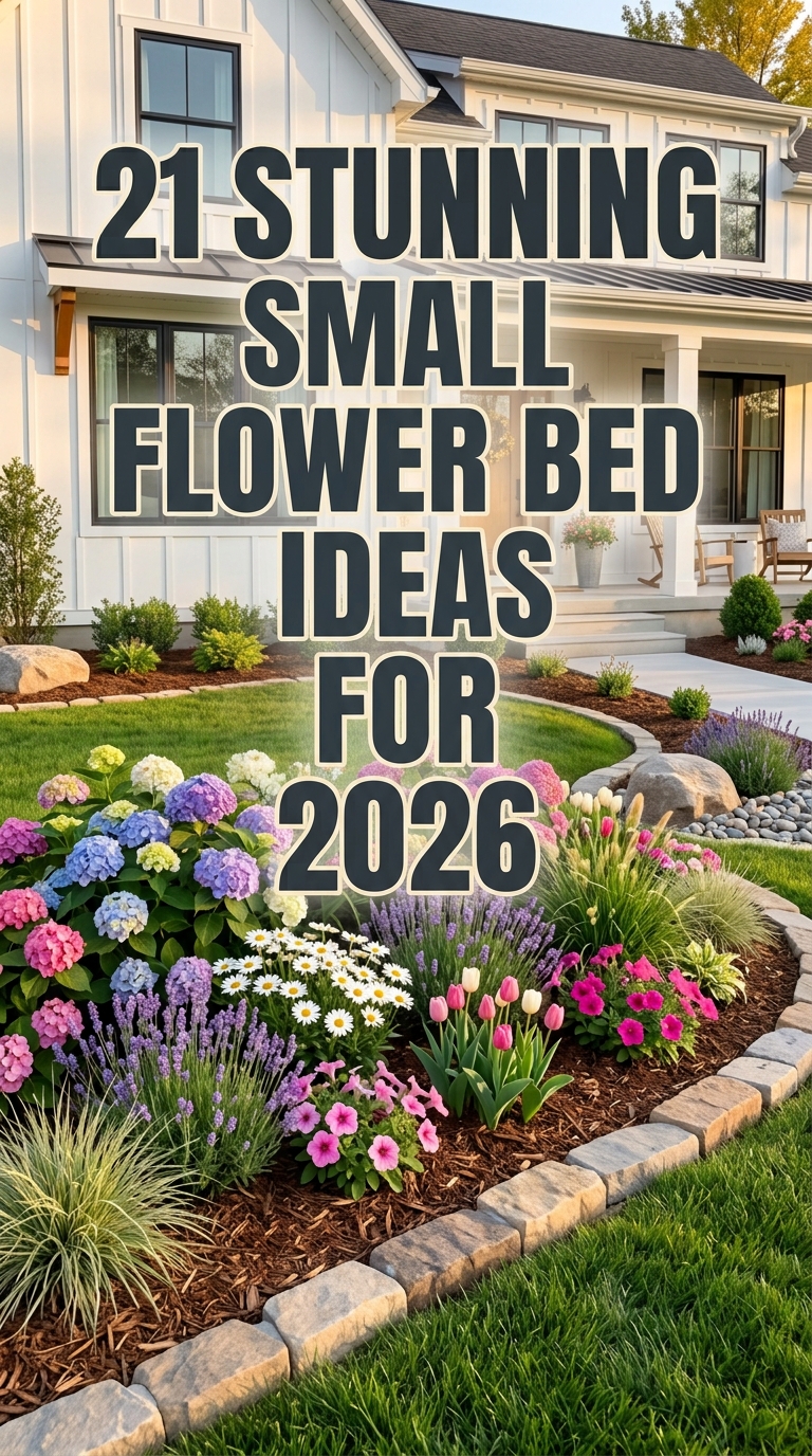 Small flower bed ideas for 2026 featuring colorful flowers, stone edging, and beautiful front yard landscaping.