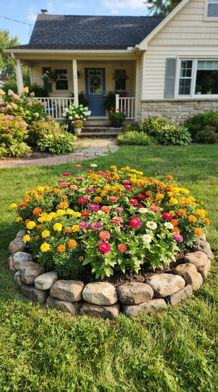 Small flower bed with a rock border filled with marigolds and zinnias