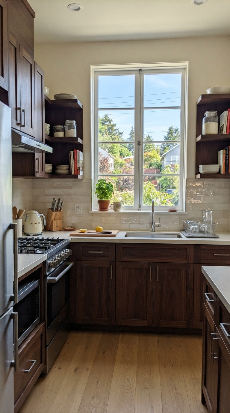 Small kitchen styled with dark wood cabinets and reflective backsplash