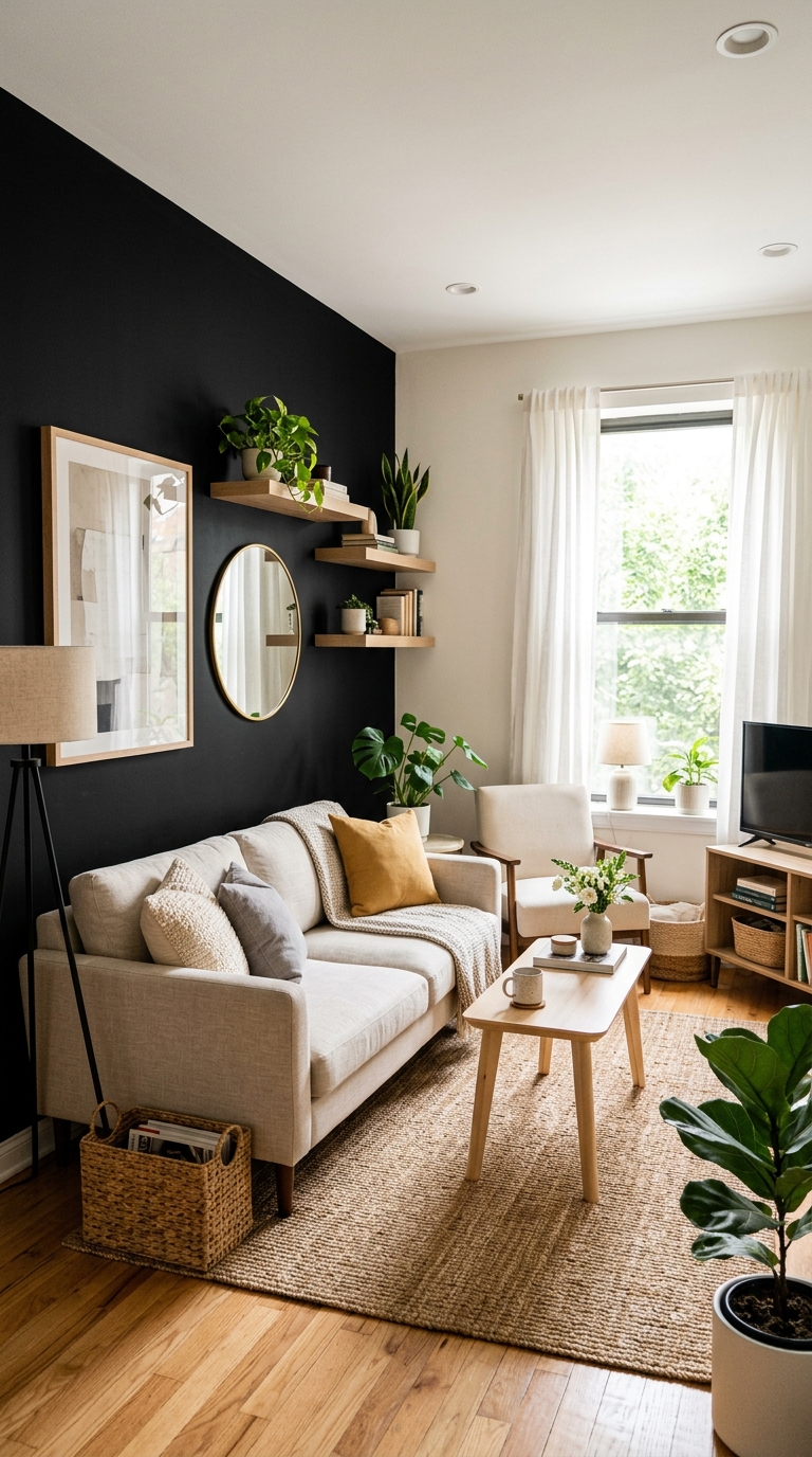 Small living room styled with single black accent wall