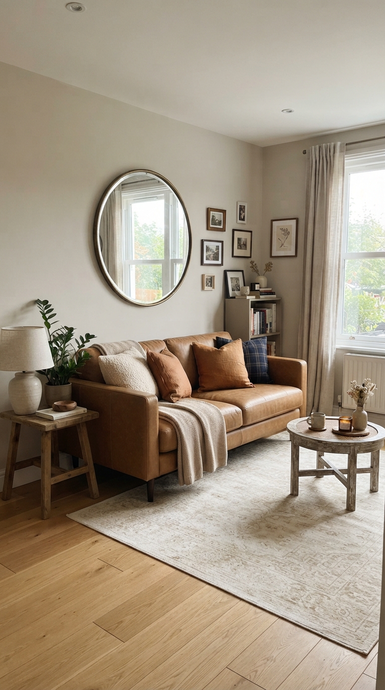 Small living room styled with a camel brown sofa and mirror