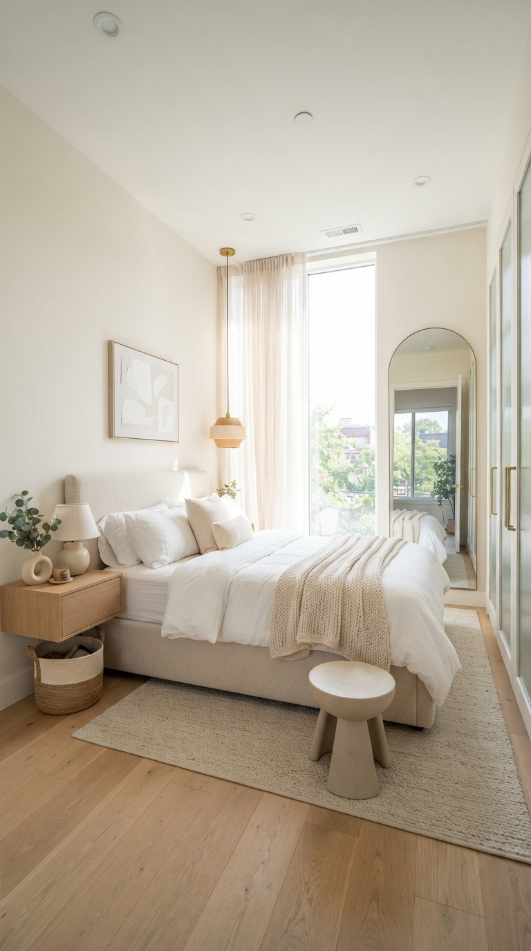 Small modern luxury bedroom styled with a light palette and mirror