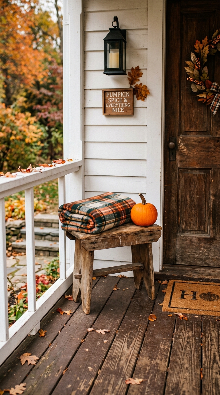 Cozy small front porch fall decor corner vignette