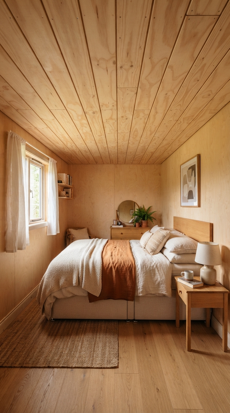 Light plywood ceiling styled for a small apartment bedroom