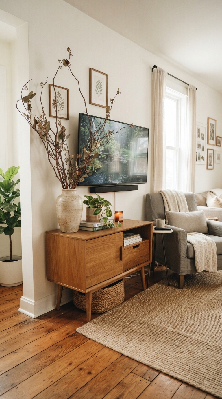 Small living room TV console styled with a tall vase for vertical interest