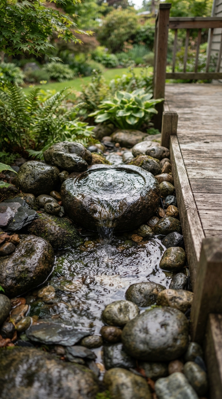 Small water feature with stones styled near backyard deck