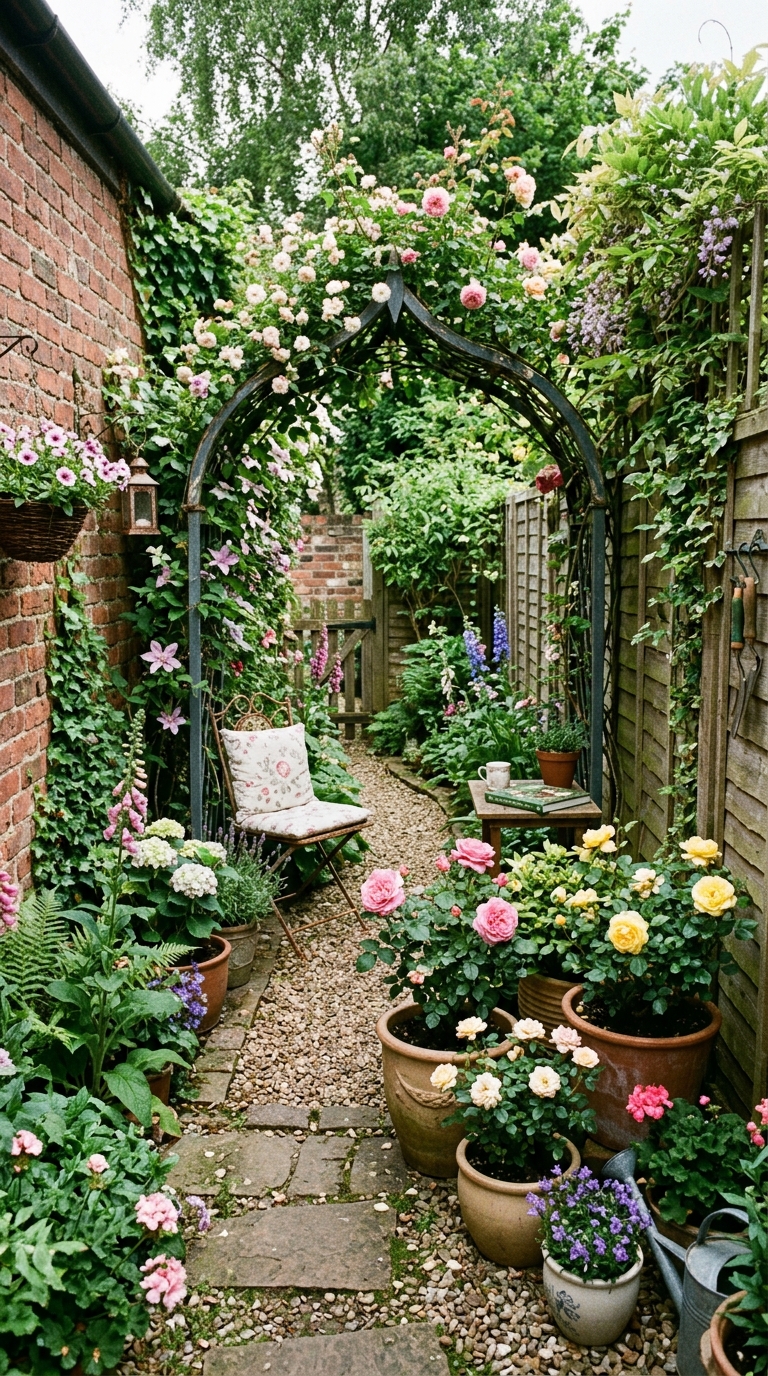 Small-yard English garden corner with arbor and potted roses