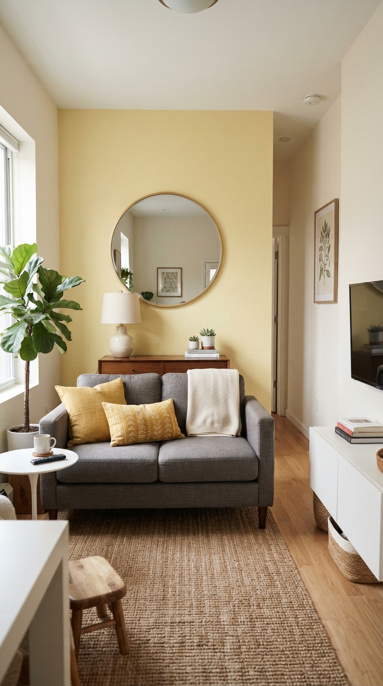 Small living room with pale yellow accent wall and mirror