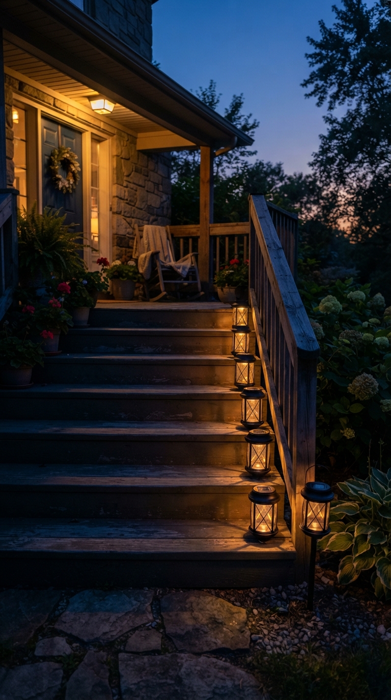 Solar lanterns lighting porch steps for a spring evening glow