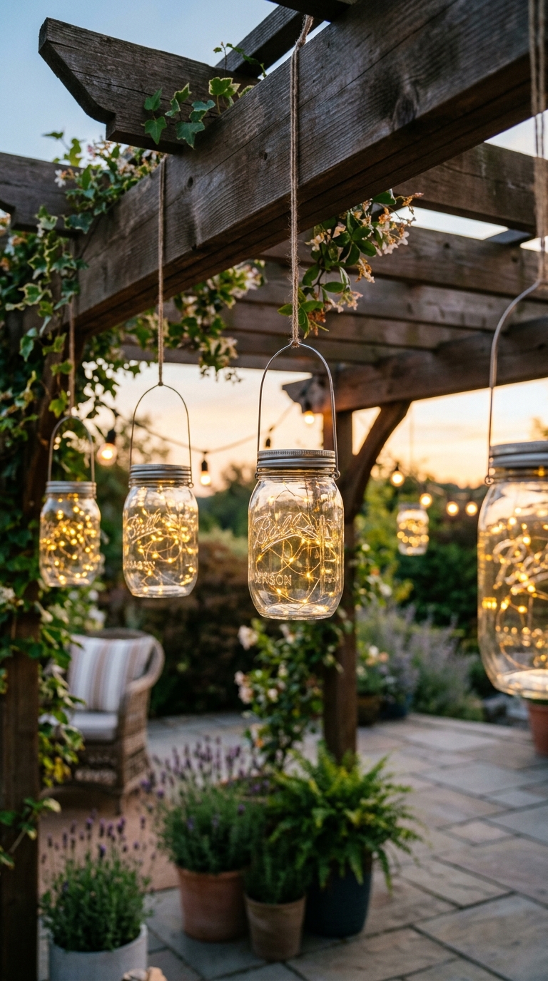 Mason jar lanterns with solar lights hanging on a patio pergola