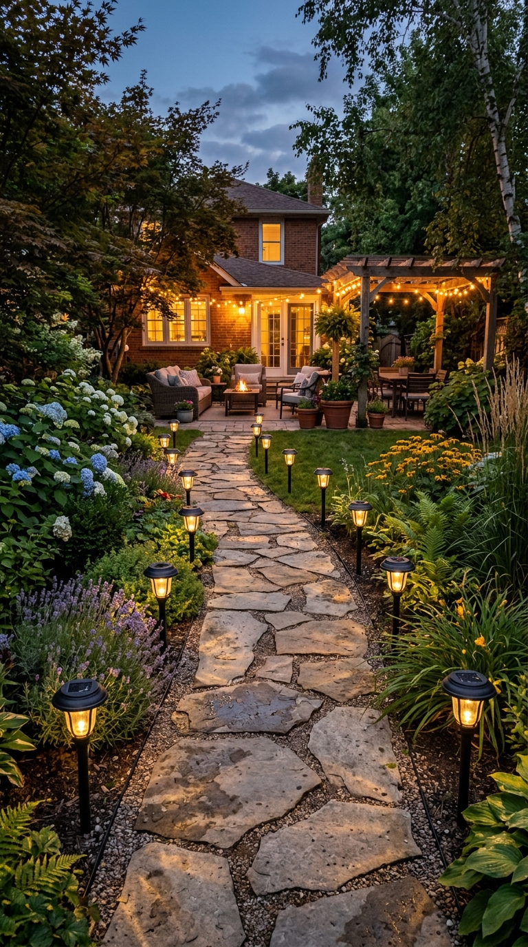 Solar-powered path lights lining a walkway toward a backyard patio