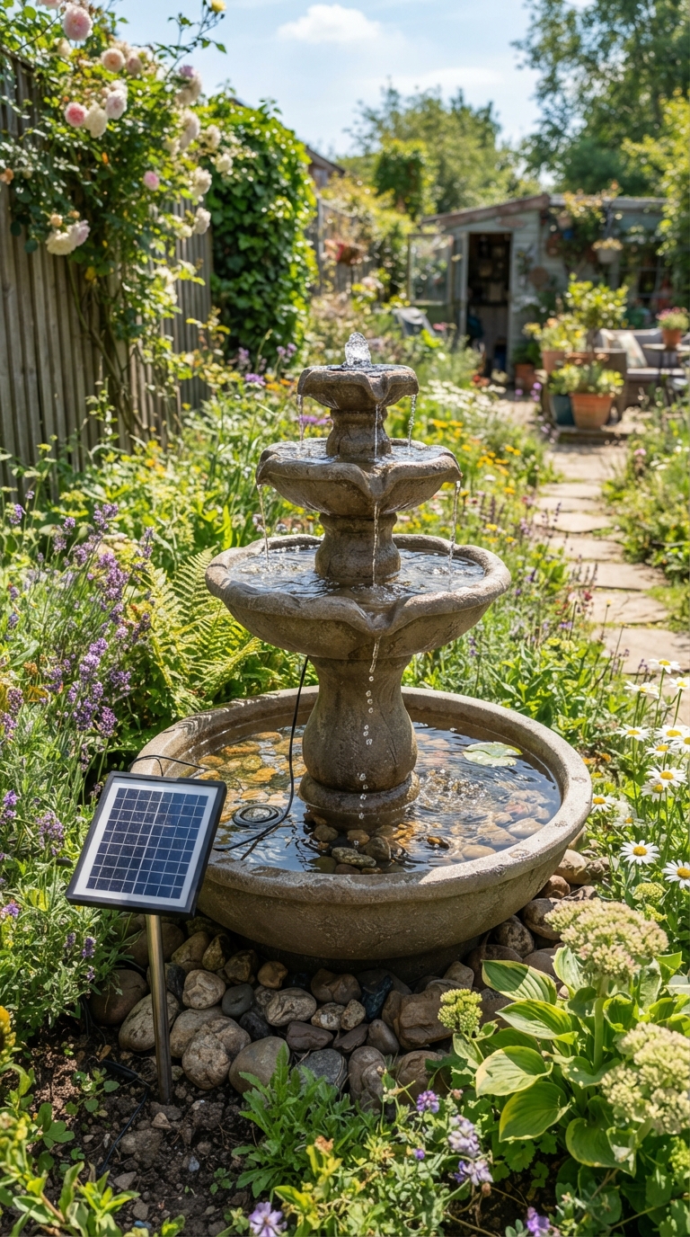 Solar-powered outdoor fountain for a sunny backyard garden
