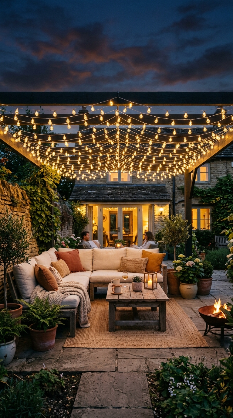 Budget solar string light canopy patio idea