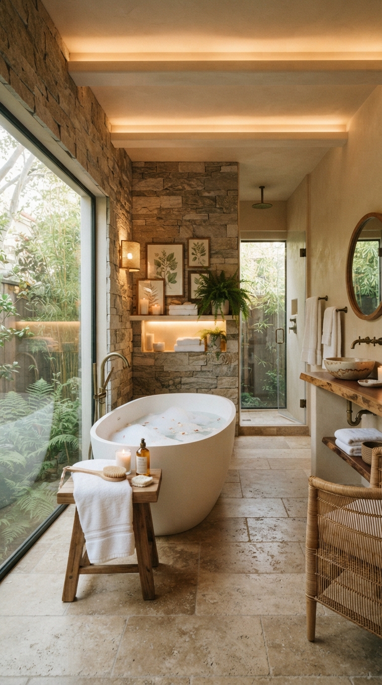 Spa-inspired aesthetic bathroom with freestanding tub and stone textures