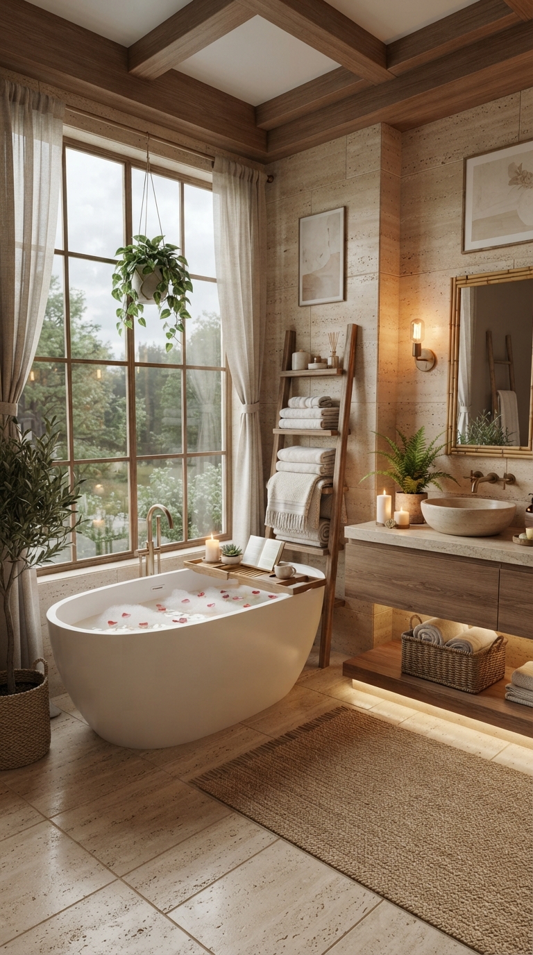 Luxury spa-inspired Bloxburg bathroom with soaking tub and relaxing natural décor.