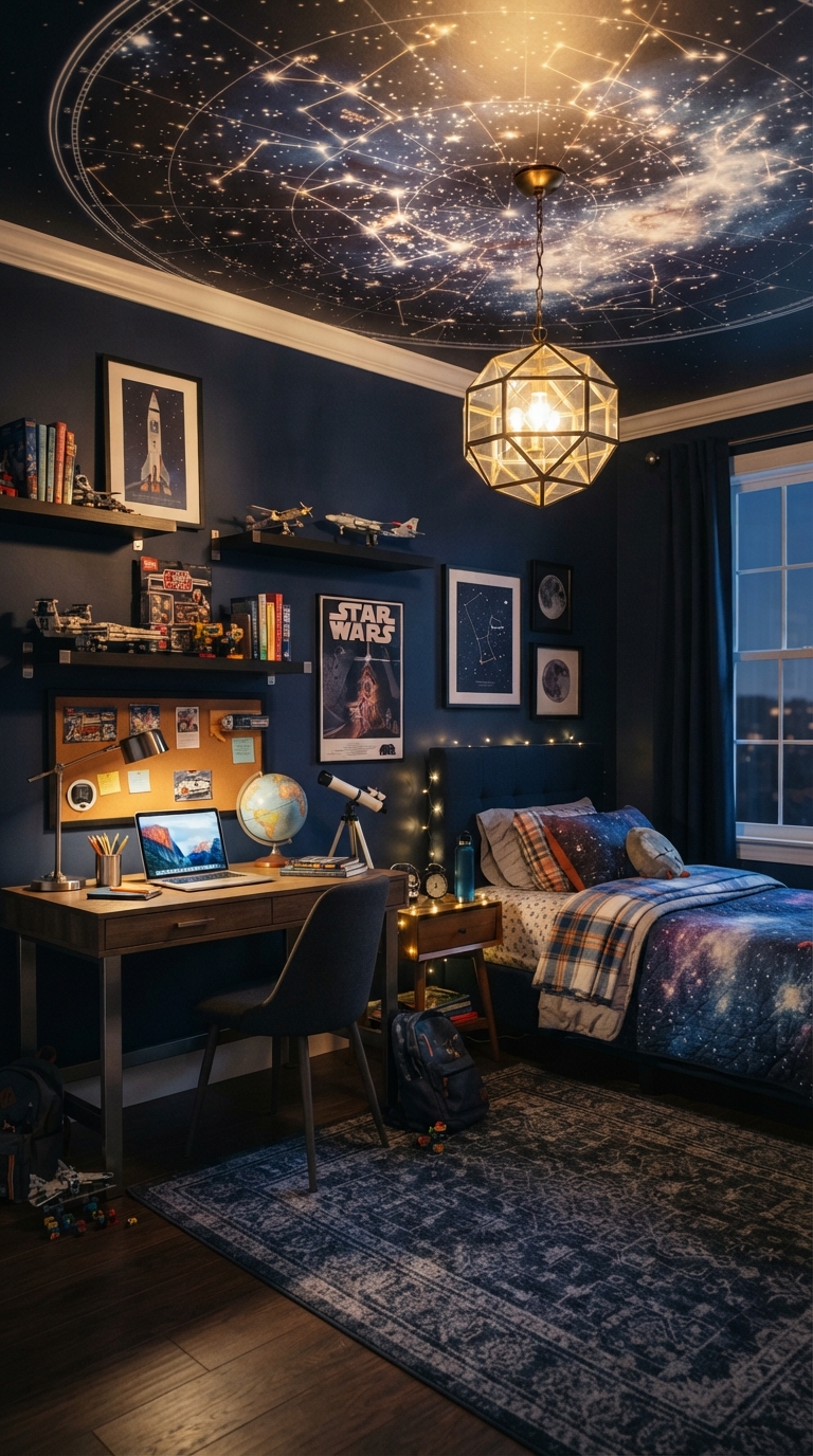 Modern space explorer galaxy theme in a boy's bedroom