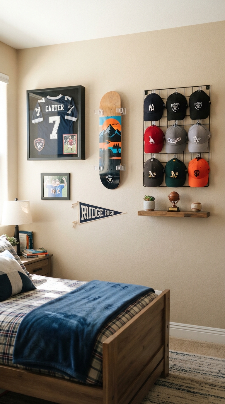 Sports memorabilia display wall in a boy's bedroom