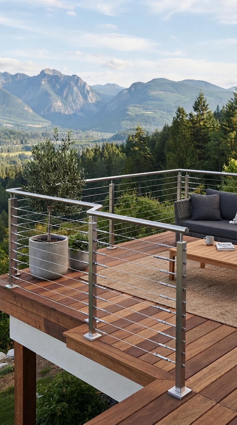 Stainless steel cable deck railing preserving an open backyard view