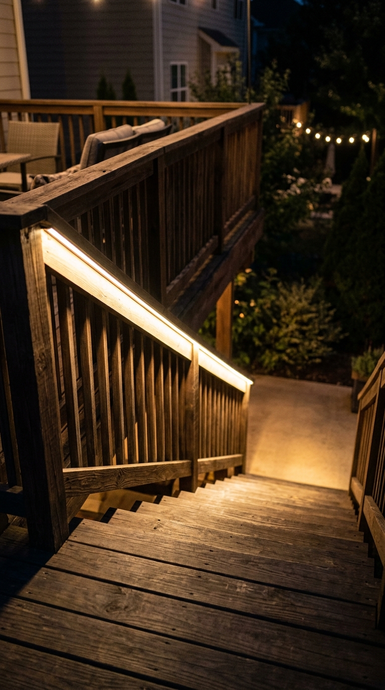 LED rail lighting installed along deck stairs for nighttime safety