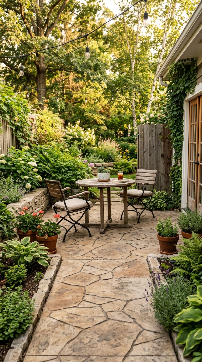 Stamped concrete patio designed to mimic natural stone pavers
