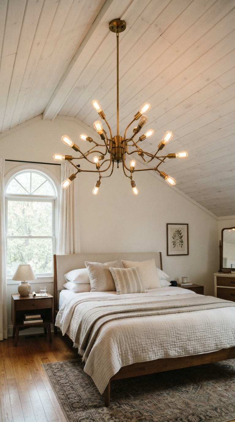 Brass statement chandelier hanging from a white planked slanted ceiling bedroom