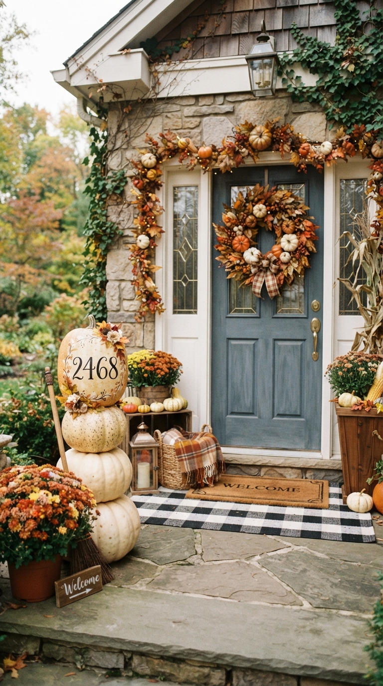 House number pumpkin display for fall front porch decor