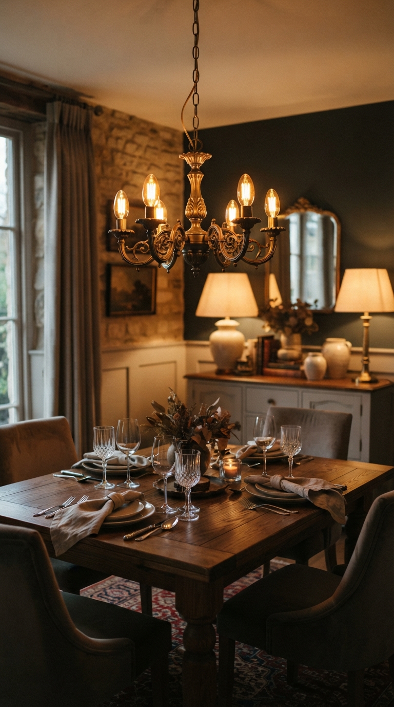 Brass chandelier and classic table lamps creating statement lighting in an old money dining room