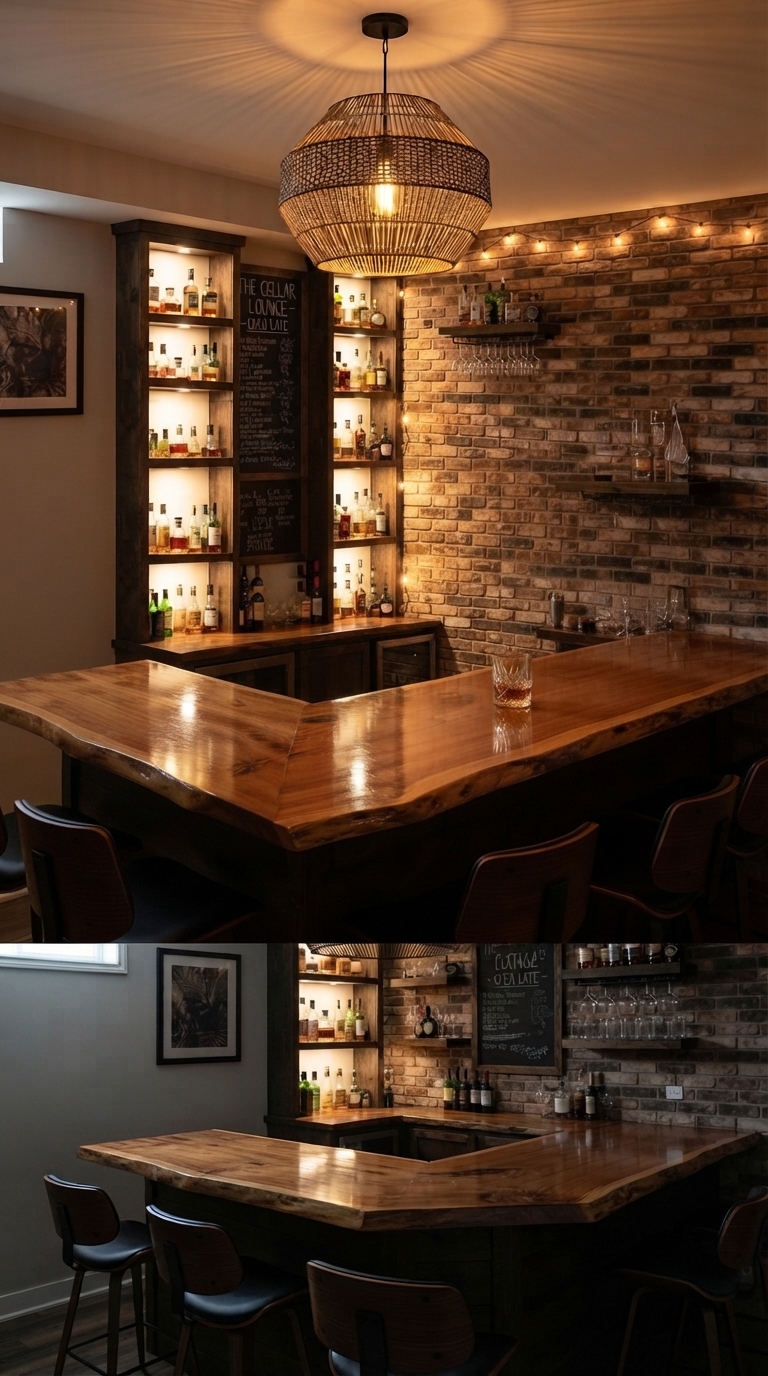 Statement pendant light fixture in a basement lounge area