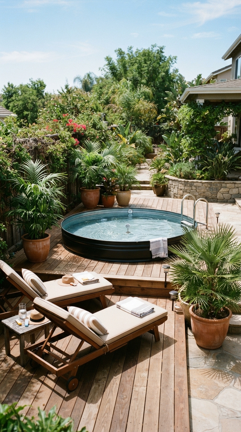 Stock tank pool patio corner with wood decking