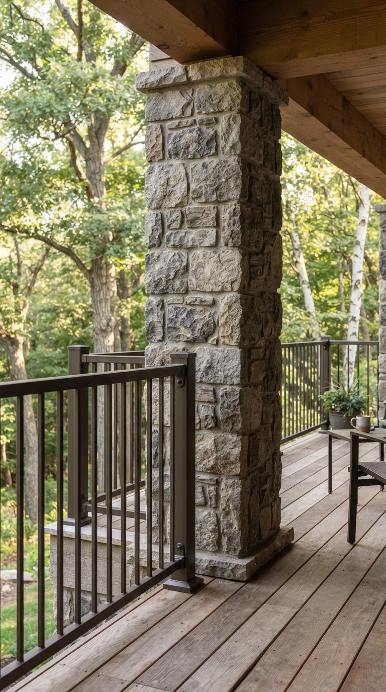 Stone column and metal deck railing with a durable rustic-modern look