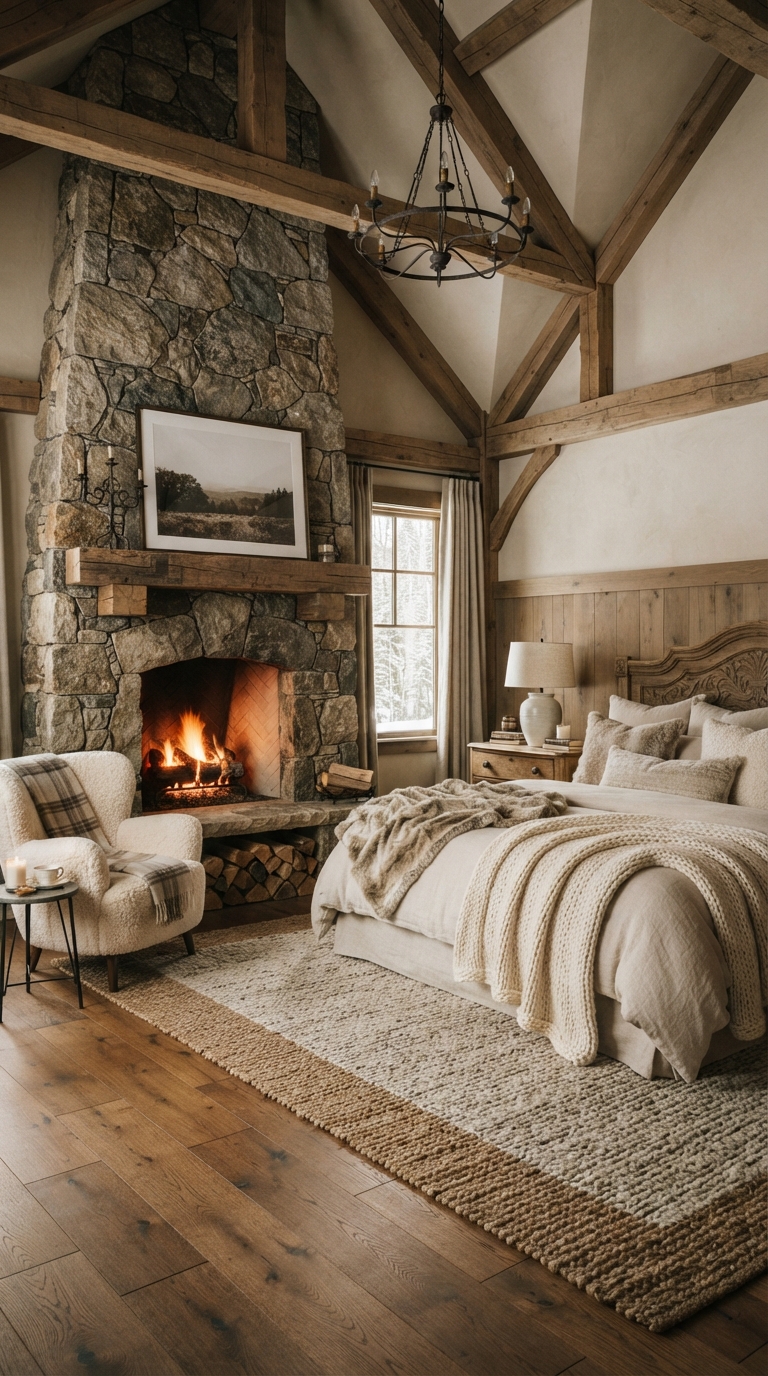Stone fireplace focal point in a luxury rustic master bedroom