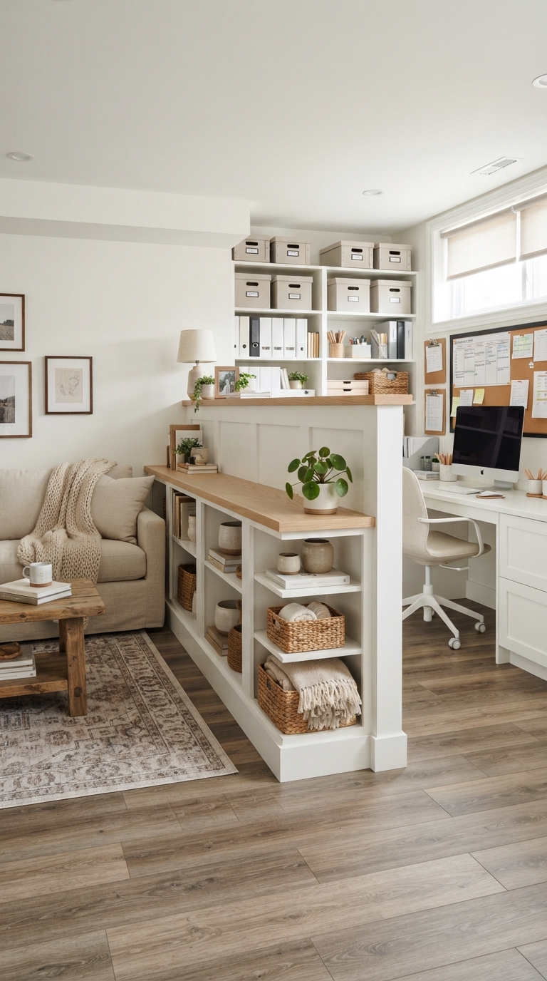 Basement pony wall divider with built-in storage shelving
