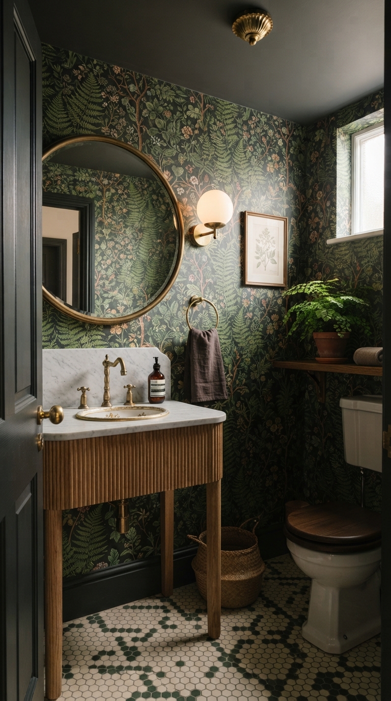 Botanical print wallpaper in a deep green old money style entryway