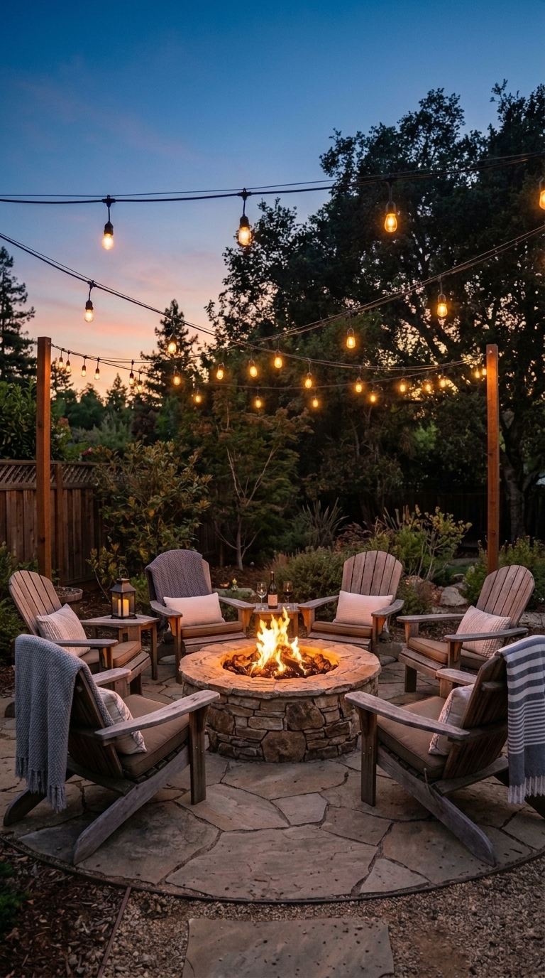 String lights hung above a backyard fire pit seating area at dusk