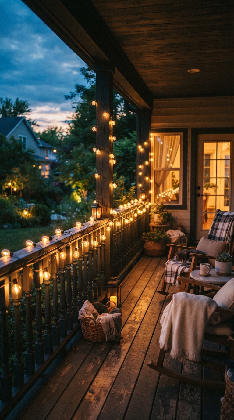 String lights draped along a spring porch railing at dusk
