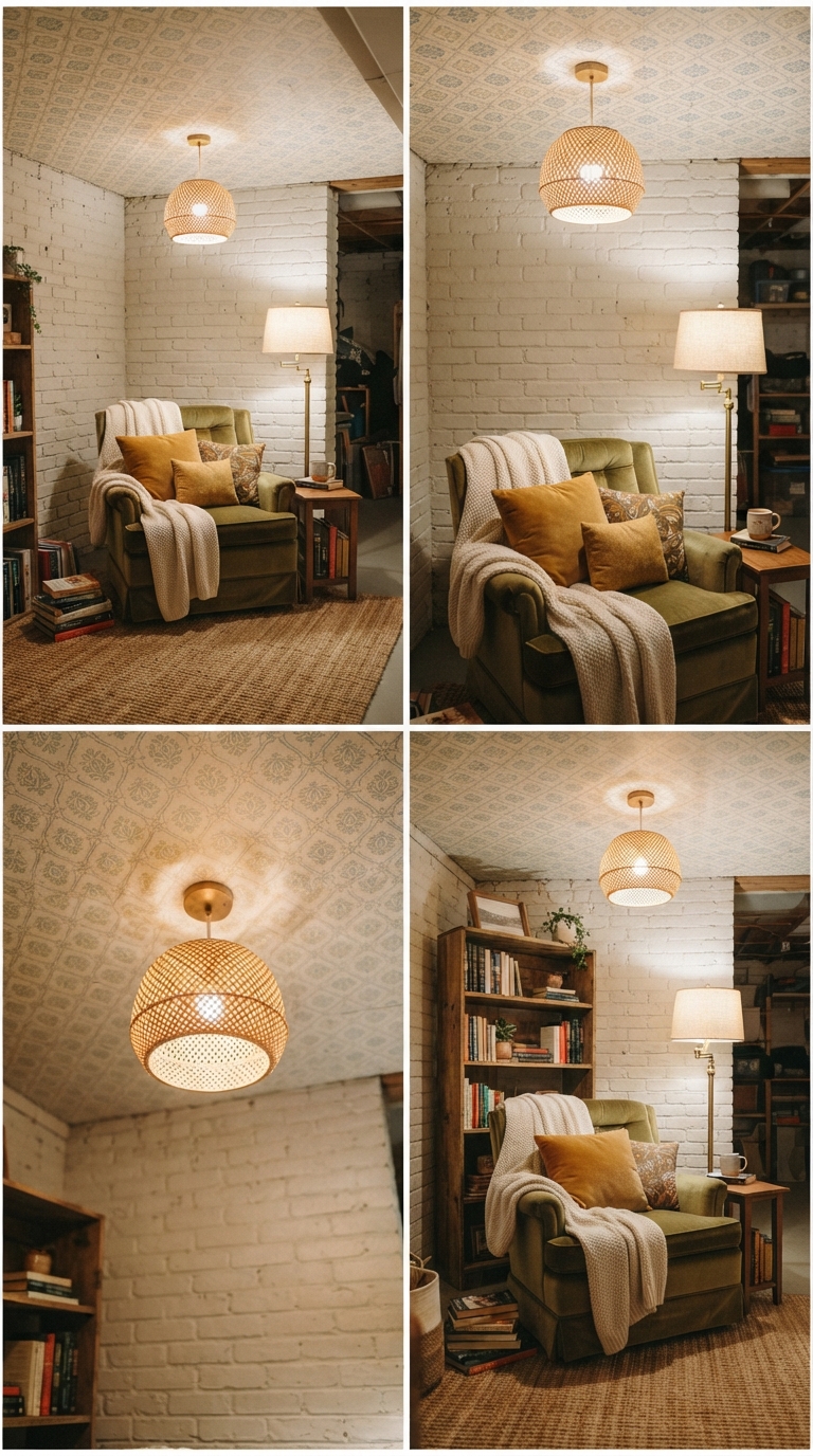 Subtle wallpaper pattern on a basement ceiling in a reading nook