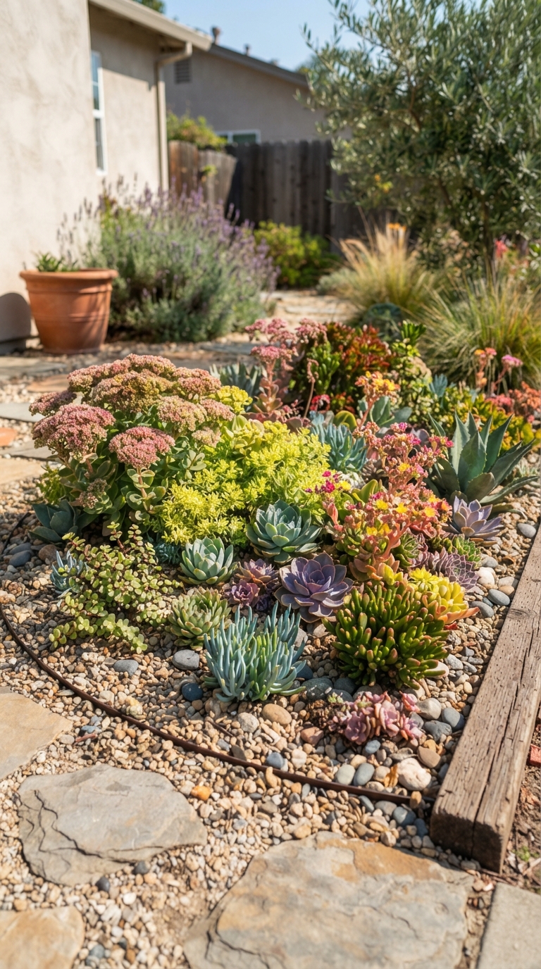 Small succulent flower bed with sedum, hens-and-chicks, and gravel mulch