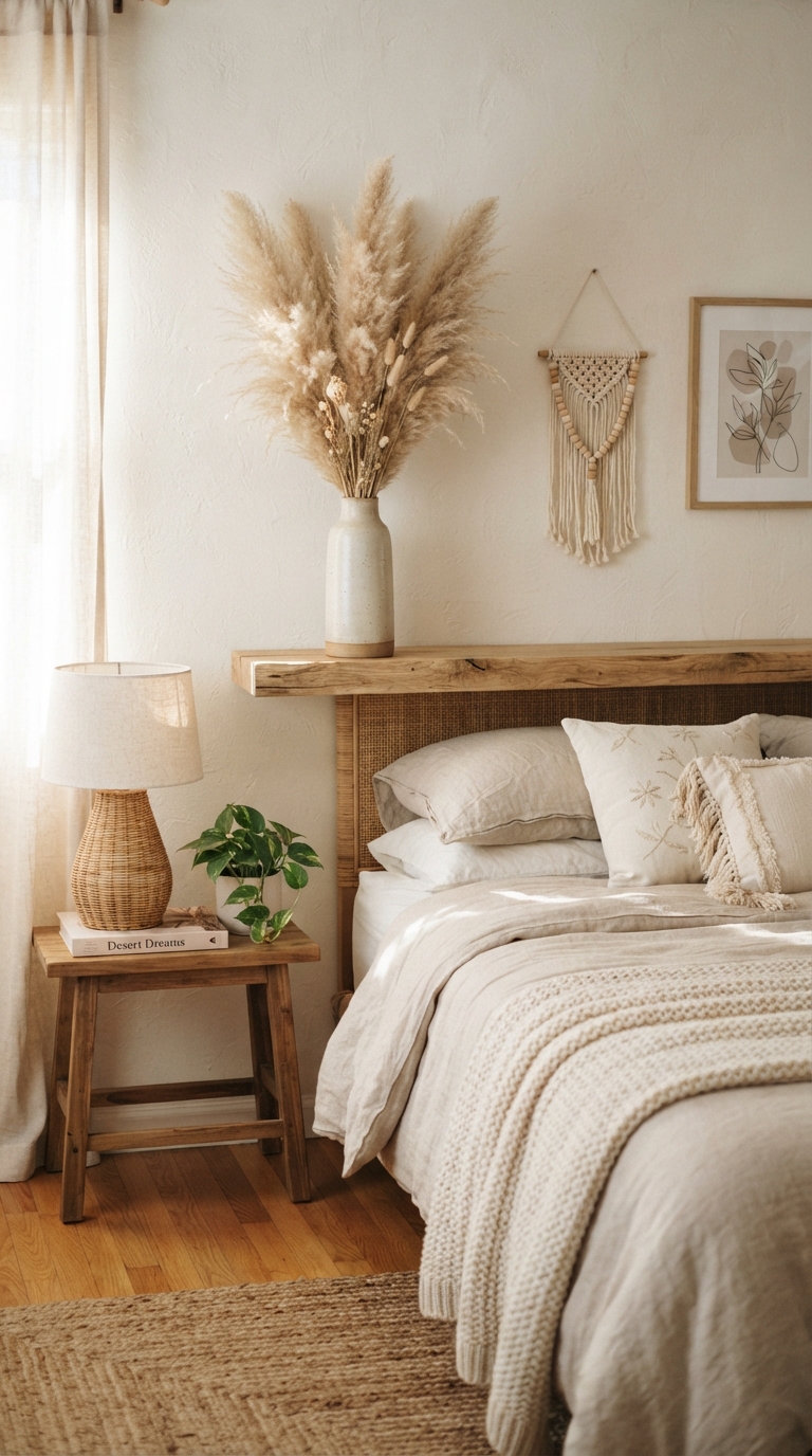 Sun-bleached wood shelf with dried pampas grass in bedroom