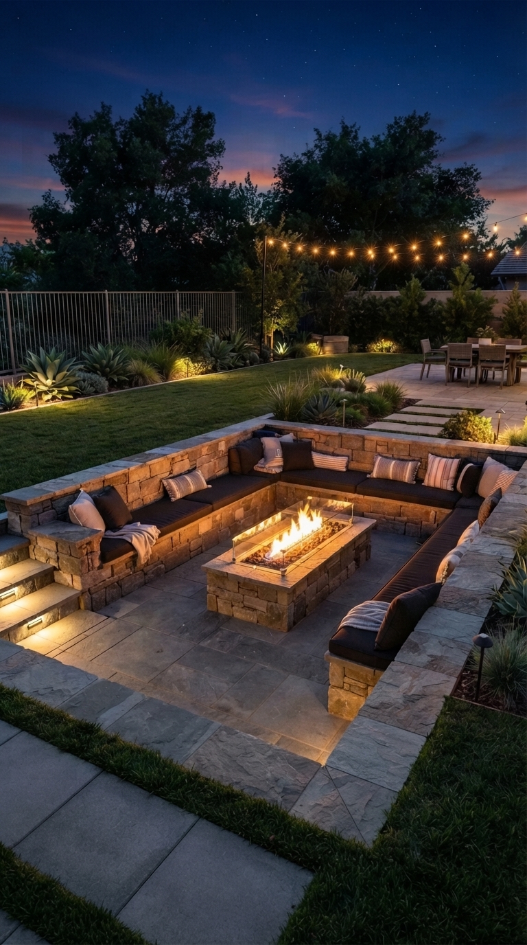 Sunken patio lounge with central fire feature