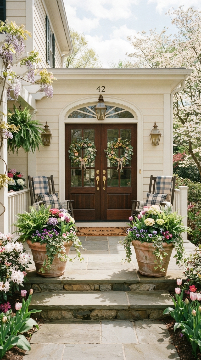 Symmetrical matching planters styled on a double-door spring porch